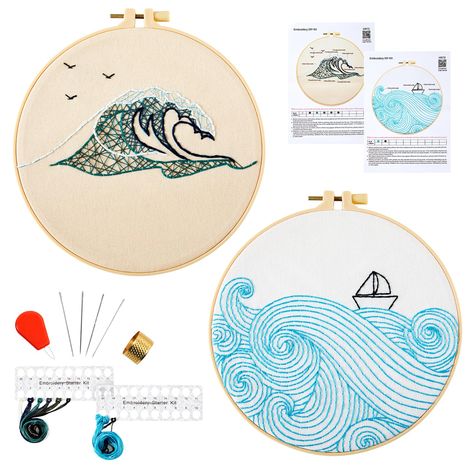 PRICES MAY VARY. Embroidery Kits for Beginners: You will get 2 pcs embroidery fabric with ocean and sea wave pattern, 2 pcs 8 inch embroidery hoops, 4 pcs embroidery needles, enough color embroidery threads, needle threader, adjustable thimble, instructions. You can get a pretty craft decor while learning the stitch techniques by finish this adults hand embroidery kit. Easy Operation Hand Embroidery Kit: The embroidery frame has an adjustment screw, which can be tightened if necessary to tighten Embroidery Christian Designs, Ocean Embroidery Simple, Aquatic Embroidery, Wave Cross Stitch, Diy Embroidery Crafts, Stitch Techniques, Stamped Cross Stitch, Embroidery Frame, Beginner Embroidery Kit