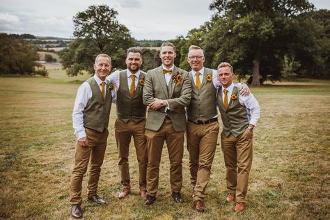 Fall Wedding Groomsmen Attire Sage Green, Groomsmen In Vests And Bow Ties, Rustic Groomsmen Attire Jeans Brown Vest, Olive Green And Brown Groomsmen, Olive Green Groom Attire, Gromes Men Wedding, Rust And Sage Groomsmen, Sunflower Groomsmen Attire, Sunflower Wedding Groom