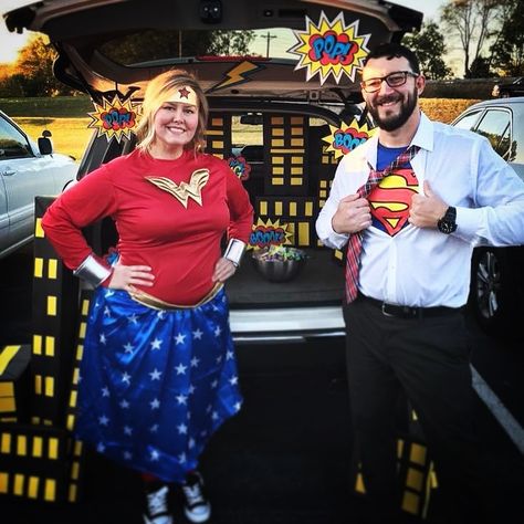 Wonder Woman Trunk Or Treat, Superman Trunk Or Treat, Trunk Or Treat Halloween, Wonder Woman Superman, Trunk Or Treat Ideas, Treat Ideas, Trunk Or Treat, Summer Theme, Halloween Ideas