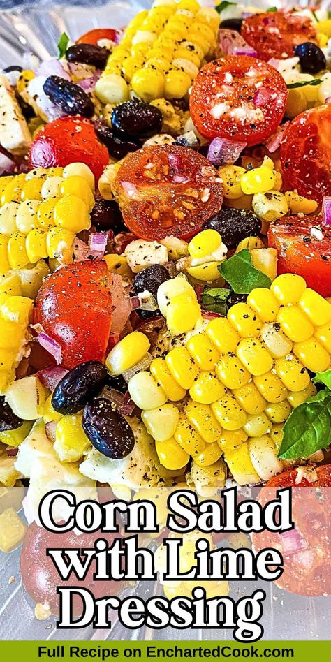 Corn Salad is bursting with summer goodness with fresh corn, cherry tomatoes, black beans, and feta cheese in a simple homemade lime vinaigrette. Corn Watermelon Salad, Fresh Tomato Salad Recipes, Veggie Dishes Dinner Healthy, Fresh Corn Salad Recipe, Recipes For Cherry Tomatoes, Recipes With Cherry Tomatoes, Summer Tomato Salad, Salad With Lime Dressing, Crunchy Salads