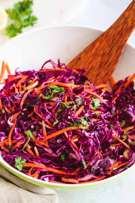 Red Cabbage Slaw Recipes, Cabbage Slaw Recipes, Cabbage And Carrots, Red Cabbage Recipes, Red Cabbage Salad, Carrot Slaw, Red Cabbage Slaw, Cabbage Salad Recipes, Slaw Recipe