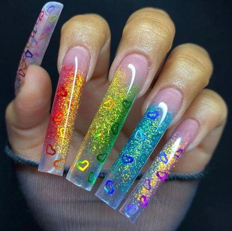 Facebook Colorful Nail Designs Acrylics, Rainbow Nails Acrylic, Lsd Nails, Rainbow Glitter Nails, Leah Michelle, Carnival Nails, Rainbow Nails Design, Business Nails, Encapsulated Nails