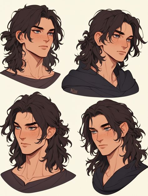 Shoulder Length Hair Reference, Dark Brown Hair Male Character Art, Guys With Long Hair Drawing Reference, Hairstyles For Long Hair Male, Male Hair Reference Long, Long Haired Character Design Male, Drawing Long Curly Hair, Male Hairstyles Reference Drawing, Men Long Hairstyles Drawing