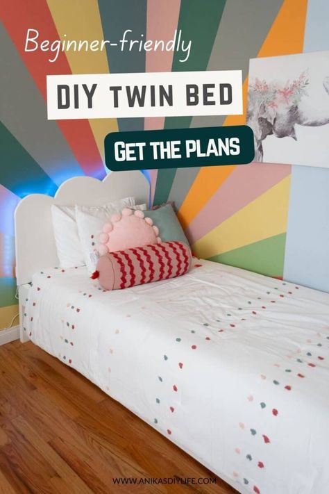 Easy DIY Twin bed frame with detailed tutorial, plans and video. Beginner-friendly and easy to build. #woodworking #anikasdiylife Diy Twin Bed Frame With Headboard, Diy Twin Bed Frame With Storage, Diy Twin Bed Frame, Diy Twin Bed, Diy Bed Frame Easy, Wood Projects For Beginners, Ikea Bed, Small Woodworking Projects, Twin Bed Frame