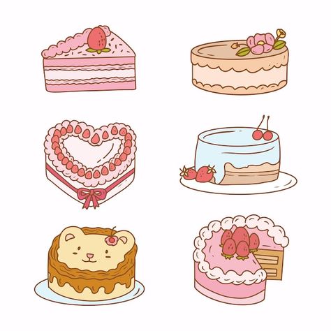 Drawing Of Strawberry, Heart Cake Designs, Drawing Cake, Vintage Cake Decorating, Cake Sketch, Vintage Heart Cake, Bolo Vintage, Sticker Drawing, Cake Icon