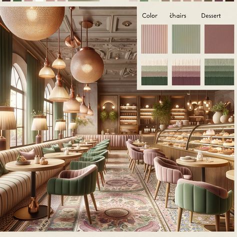 Colorful Cafe Design, Instagramable Walls Cafe Modern, Parisian Cafe Aesthetic Interior, French Inspired Coffee Shop, Modern Cafe Exterior, Pastel Restaurant Interior, French Coffee Shop Parisian Cafe, Parisian Cafe Interior, Delicatessen Design