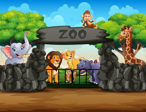 Zoo Scene Drawing, Zoo Background Cartoon, Zoo Drawing Ideas, Zoo Drawing For Kids, Zoo Animals Art, Zoo Background, Zoo Cartoon, Zoo Clipart, Zoo Entrance