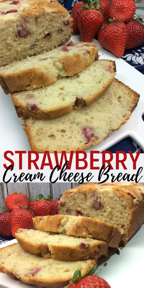 This moist fresh Strawberry Cream Cheese Bread is light, fluffy, and packed with sweet strawberry and cream cheese flavor! Perfect for breakfast, snack and dessert!  #Strawberry #NationalStrawberryDay #StrawberryRecipe #DineDreamDiscover #JustPlumCrazy #EasyEverydayRecipes #LifeInTheRV #LifeThroughTheLense #FoodBlogger #Recipe #delicious #yummy #food #recipes Strawberries And Cream Bread, Strawberry And Cream Bread, Strawberry Cream Cheese Bread Recipe, Strawberry And Cream Cheese Recipes, Cream Cheese Bread Recipes, Strawberry Cream Cheese Breakfast, Strawberry Cream Cheese Muffins, Strawberry And Cream Cheese, Strawberry Bread Recipe