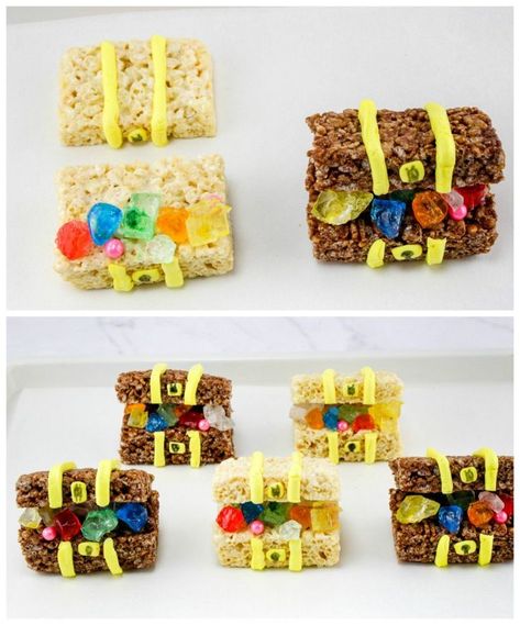 Pirate Treasure Chest Rice Krispie Treats Recipe Pirate Snacks, Treasured Vbs, Preschool Groundhog, Pirate Week, Pirate Food, Bible Themes, Vbs Snacks, Rice Krispie Treats Recipe, Mystery Island