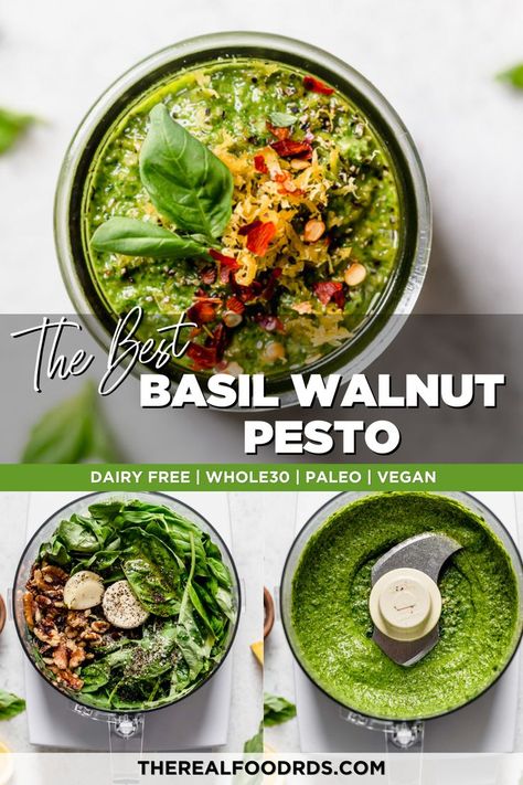 Vibrant green homemade basil walnut pesto; all ingredients in a food processor, freshly blended in a food processor, and served in a small jar topped with red pepper flakes and a small basil sprig. Walnut Pesto Recipe, Basil Walnut Pesto, Paleo Pesto, Dietitian Recipes, Dairy Free Pesto, Homemade Pesto Sauce, Savory Sides, Easy Whole 30 Recipes, Walnut Pesto