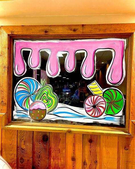 #windowart #windowsplash #splashart #holiday #windowpainting #paintingonglass Candyland Window Painting, Gingerbread Window Painting, Coffee Marketing, Painting Windows, Winter Windows, Painted Window Art, Window Paintings, Window Paint, Gingerbread Train