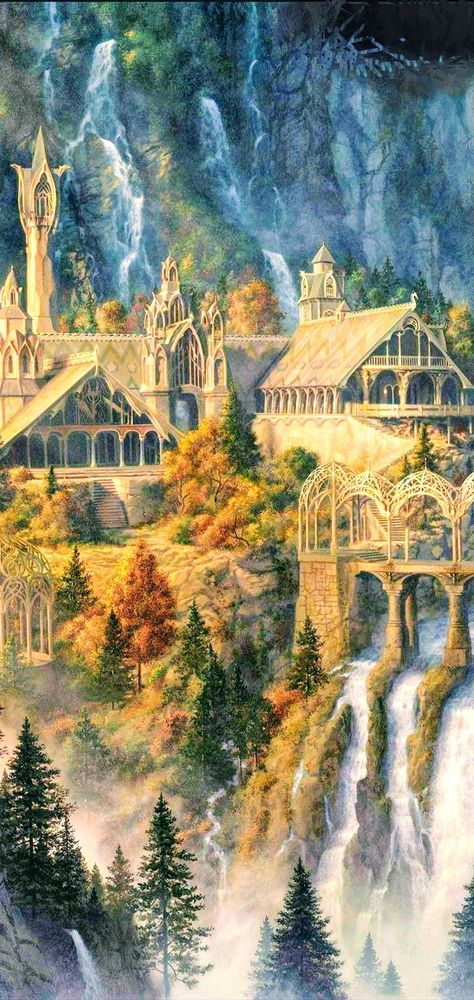 Middle Earth Background, Lotr Map Wallpaper, Rivendell Wallpaper Iphone, Rivendell Lord Of The Rings, The Hobbit Phone Wallpaper, Lord Of The Rings Buildings, Lord Of The Rings Landscape Art, Lotr Ipad Wallpaper, Lothlorien Wallpaper