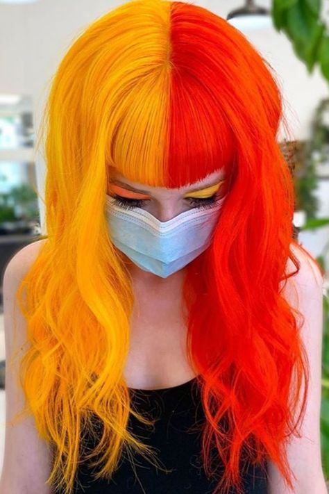 Yellow Hair Color, Split Dye, Split Dyed Hair, Vivid Hair Color, Creative Hair Color, Split Hair, Fall Hair Trends, Scene Girls, Yellow Hair