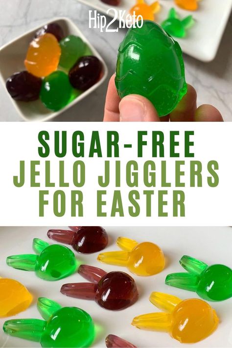 These sugar-free jello snacks make a great Easter treat or festive snack. These jello jigglers are fun to make and you can come up with the fun shapes for any occasion. Sugar Free Easter Treats, How To Make Finger Jello, Jigglers Recipe Jello, Jello Shapes, Easter Egg Jello Jigglers, Jello Snacks, Hip2keto Recipes, Jello Jiggler, Finger Jello With Knox Gelatin