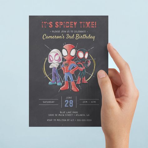 Spidey and His Amazing Friends Chalkboard Birthday Invitation | #spideyandhisamazingfriends #spidey #spider-man #superhero #marvel #birthday #kidsbirthday #toddlerbirthday #boybirthday #chalkboard Marvel Birthday Party, Superhero Birthday Invitations, Chalkboard Birthday, Spidey And His Amazing Friends, Spiderman Birthday Party, Birthday Invites, Superhero Birthday Party, Birthday Chalkboard, Amazing Friends