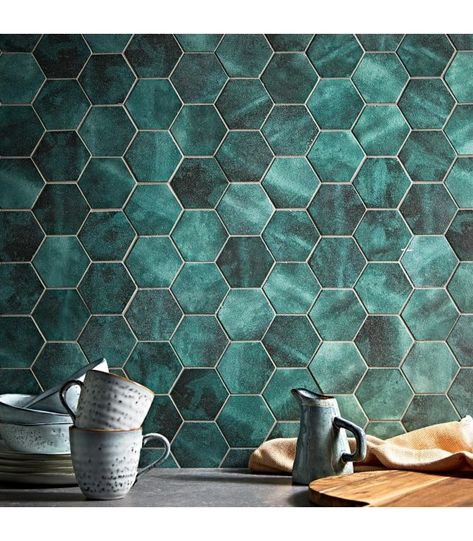 Green Hexagon Tile Bathroom, Green Hexagon Tile, Green Color Trends, Hexagon Tile Bathroom, Hexagon Tile, Gorgeous Tile, Fired Earth, Hexagon Tiles, Green Tile