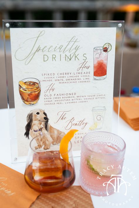 Specialty Drink Menu Inspo with dogs and custom ice cubes - Enjoy his, her and the dog's signture drinks at the Fort Worth Zoo Wedding.  The Old Fashioned is garnished with a custom ice cube with the couples custom monogram.  The Spicked Cherry Limeade is served in a delicate glass. Cherry Limeade Vodka, Wedding Dog Ideas, Wedding Drink Menu Sign, Brown Sugar Simple Syrup, Drinks Wedding, Signature Wedding Drinks Sign, Wedding Drink Sign, Fort Worth Zoo, Wedding Drink Menu