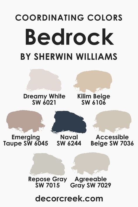 Coordinating Colors of SW 9563 Bedrock Taupe Sherwin Williams, Poised Taupe, Worldly Gray, Repose Gray, Kilim Beige, Dreamy Whites, Favorite Paint Colors, Coordinating Colors, Cool Tones