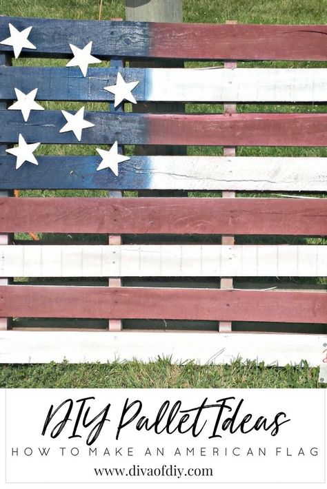 DIY Pallet Ideas:  Easy & Inexpensive American Flag Project you can complete today! The perfect decoration for your Memorial Day or 4th of July party! http://divaofdiy.com/american-flag-pallet-project/?utm_campaign=coschedule&utm_source=pinterest&utm_medium=Diva%20of%20DIY%20%7C%20Tutorials%20For%20Your%20Favorite%20DIY%20Projects&utm_content=DIY%20Pallet%20Ideas%3A%20%20How%20To%20Make%20An%20American%20Flag Flag Pallet, American Flag Diy, Pallet Projects Decor, Pallet Pool, Pallet Projects Signs, Pallet Projects Wall, Pallet Flag, Pallet Projects Garden, Flag Diy