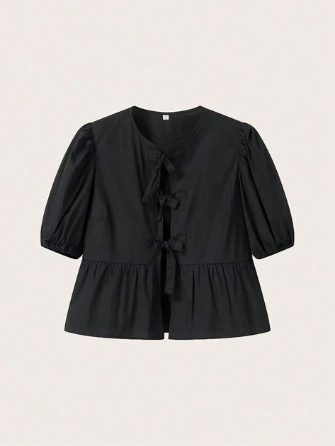 Casual Black Bow Tie Lace-Up Puff Sleeve Shirt For Spring/Summer | SHEIN EUR Peplum Top Outfits Casual, Peplum Top Outfits, Black Puff Sleeve Top, Woman Blouse Casual, Black Shirts Women, Puff Sleeve Shirt, Black Bow Tie, Summer Black, Casual Black