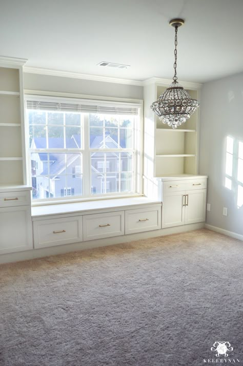 crystal-chandelier-in-one-room-challenge-office-makeover-with-sherwin-williams-on-the-rocks-1-of-7 Window Seat Bedroom, Crystal Office, Home Office With Built Ins, Bedroom Window Seat, Built In Bookshelves, Window Seat Design, Office Built Ins, Window Benches, Office Window