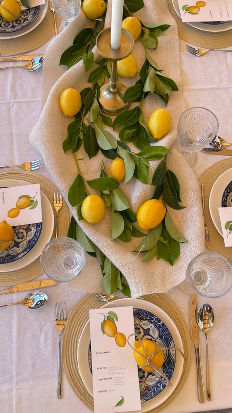 Lemon Birthday Theme Summer Parties, Bridal Shower Positano Theme, European Inspired Patio, Italian Coast Dinner Party, Lemon Positano Theme, Positano Bridal Shower Ideas, Positano Tablescape, Positano Italy Themed Party, Italian Brunch Aesthetic