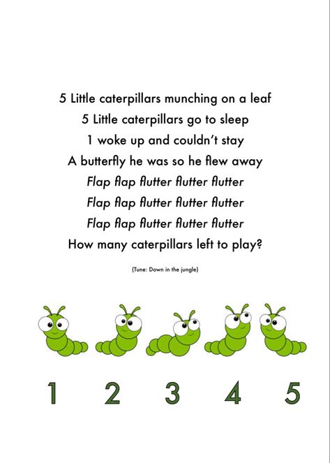 5 little caterpillars nursery songs Caterpillar Songs For Toddlers, Caterpillar Songs For Preschool, Butterfly Songs Preschool, Butterfly Lesson Plans For Toddlers, Bug Storytime, Montessori Songs, Insect Songs, Preschool Spring Songs, Caterpillar Song