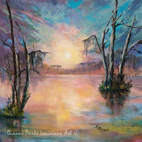 Swamp Sunset, Louisiana Landscape, Swamp Art, Motorcycle Art Painting, Louisiana Swamp, New Orleans Jazz, New Orleans Art, Louisiana Art, Maritime Art