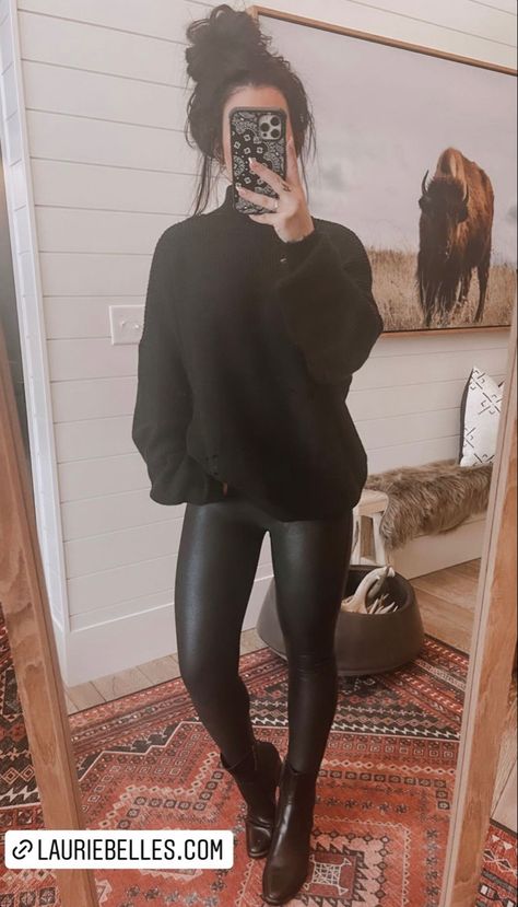 Classy Mom Outfits Winter, Nice Fall Day Outfits, Thighhighboots Outfits Baddie, Cute Casual Bar Outfits Winter, Mom’s Night Out Outfit, Cute Black Fall Outfits, Black Leather Pants Outfit For Work, Mid Size Leather Pants Outfit, Comfy Going Out Shoes