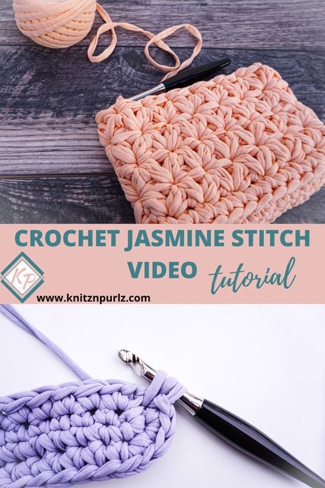 Jasmine stitch is definitely one of the most beautiful stitches in crochet world. But how many times did you put off a project with jasmine stitch thinking you won’t be able to do it? Let’s be honest it looks very complicated! I hope with this photo and video tutorial you’ll be able to accomplish it and make so many great crochet items with jasmine stitch #crochetstitchtutorial #crochetstitchforbeginners #crochetvideotutorial Jasmine Stitch Crochet Pattern, Jasmine Stitch In Round, Crochet Jasmine Stitch In The Round, Jasmine Stitch Crochet Bag, Crochet Stitches For Bags, Jasmine Stitch Crochet, Crochet Flower Coaster, Stitch Tshirt, Gloves Crochet