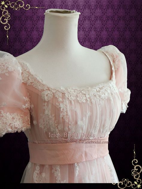 Beautiful lace overlay wedding dress inspired by the regency era. Can also be used as a formal dress for regency ball or special occasion. Photoed in Pink, other colors can be ordered. Working Time:  8-10 weeks Rush Order please inquire prior to order.   Custom Designs We specialize in custom design services.If there's a dress you like and it's not on our website,you're more than welcome to email us a picture of the dress for a quote.info@ieieshop.com HAVE QUESTIONS? DROP US A MES... Regency Formal Dress, Regency Era Wedding Dress, Regency Era Fashion Gowns, Regency Inspired Fashion, Empire Waist Ball Gown, Regency Wedding Dress, Regency Ball Gown, Lace Overlay Wedding Dress, Regency Era Dress