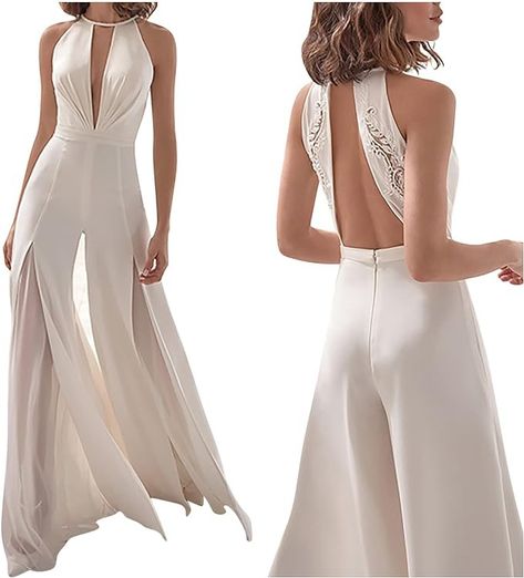 Amazon.com: Bridal Jumpsuits for Women Elegant Halter Neck Backless Jumpsuit Evening Party Wide Leg Formal Jumpsuit : Sports & Outdoors White Jumpsuit Formal, Overalls Summer, Long Overalls, Flowy Jumpsuit, Womens Jumpsuits Casual, Chiffon Romper, Formal Jumpsuit, White Clothing, Bridal Jumpsuit