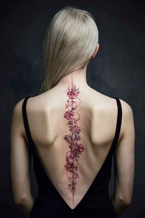 Discover the breathtaking world of spine tattoos for women, featuring unique and delicate designs that make a statement. From intricate red flowers to meaningful quotes and spiritual symbols, these tattoos are both elegant and personal. Consider the beauty of red and black combinations or the symbolism behind a dragon or butterfly, showcasing your individuality. Explore our collection to find the perfect spine tattoo that resonates with your style and spirit! Henna Spine Tattoos For Women, Beautiful Spine Tattoos For Women Unique, Black And Red Spine Tattoo, Spine Tattoos For Women Japanese, Red And Black Spine Tattoo, Spine Tattoos For Women Unique Meaning, Spine Tattoos For Women Dragon, Big Spine Tattoos For Women, Red Dragon Spine Tattoo