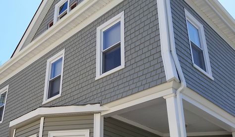 New Mastic vinyl siding & AZEK porch give this New Bedford, MA home a much needed facelift! See the transformation! Great before & after photos! Popular Vinyl Siding Colors, Mastic Vinyl Siding, Mastic Siding, Blue Vinyl Siding, Stone Vinyl Siding, Grey Vinyl Siding, Vinyl Siding Colors, Siding Ideas, Cape Cod Ma