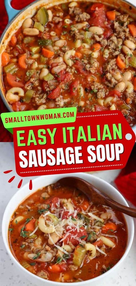 Nothing will warm you up like this Italian Sausage Soup! Made with vegetables, beans, and pasta, this Italian soup recipe is hearty and flavor-packed. Variations on this healthy dinner included! Italian Soup Recipes, Italian Seasonings, Italian Sausage Soup, Homemade Soup Recipe, Chili Soup, Italian Soup, Sausage Soup, Vegetable Soup Recipes, Easy Italian