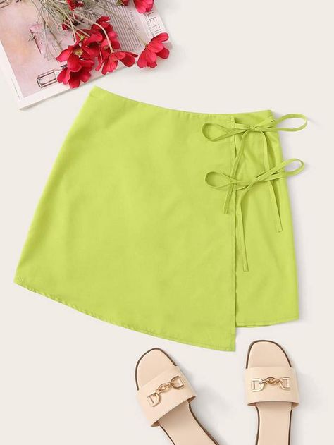 Shein Tie Front Asymmetrical Hem Skirt Summer Asymmetrical Skirt With Tie Waist, Summer Beachwear Skort With Tie-side, Summer Drawstring Tie-side Swim Skirt, Spring Beach Mini Skirt With Tie-side Bottom, Beach-ready Asymmetrical Mini Skirt, Unusual Clothes, Tie Skirt, Latest Skirts, Skirt Tutorial