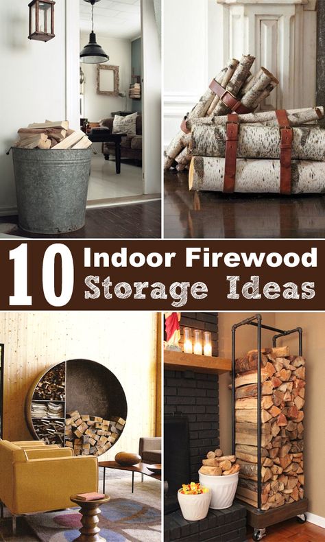 10 DIY ideas for decorative storage solutions for your firewood. How To Store Firewood Inside, Diy Indoor Wood Storage, Store Firewood Inside, Indoor Wood Boxes For Firewood, Firewood Storage Box Indoor, Kindling Storage Indoor, Diy Firewood Storage Indoor, Firewood Box Indoor, Fireplace Organization