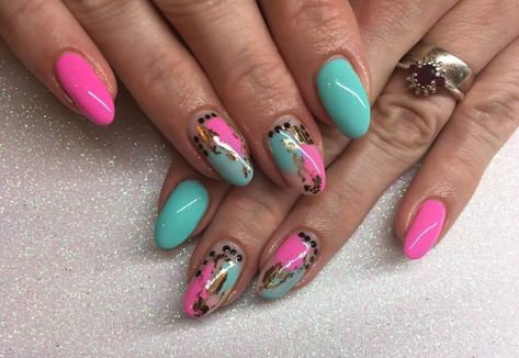 Torquise And Pink Nails, Teal And Pink Nails Ideas, Hot Pink And Turquoise Nails, Pink Turquoise Nails, Pink Teal Nails, Pink And Teal Nails Design, Turquoise And Pink Nails, Teal And Pink Nails, Pink And Turquoise Nails