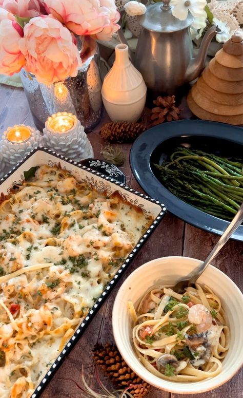 Creamy Pasta and Shrimp Bake - Most Delicious Life Pasta And Shrimp, Shrimp Bake, Garlicky Shrimp, Fettuccine Noodles, Sauteed Peppers, Fettuccine Pasta, Baked Shrimp, 9x13 Baking Dish, Spinach And Feta