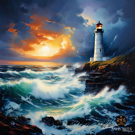 Farol da Barra: Guiding Light of Resilience, is an oil painting depicting the Farol da Barra lighthouse standing tall against a stormy sea. Its beacon cuts through the darkness, guiding ships to safety and symbolizing strength, hope, and the empowerment found in providing guidance to others. The sunlight breaks through the clouds, casting warm rays on the lighthouse and infusing the scene with a sense of optimism and unity. Each brushstroke captures the steadfastness of the lighthouse amidst ... Resilience Art, Power Of Light, Stormy Sea, Guiding Light, The Lighthouse, Luxury Art, Art Deco Interior, The Darkness, Stand Tall