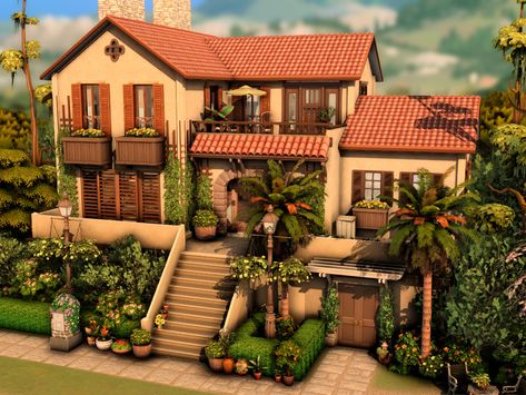 Mediterranean House Inspiration, Sims 4 Houses Mediterranean, Sims 4 Mediterranean House Interior, Spanish Style Homes Sims 4, Sims 4 Medditeranean Cc, Mediterranean Homes Sims 4, Mediterranean Apartment Exterior, Mexican Style Bloxburg House, Oasis Spring House Sims 4