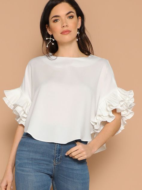 Layered Exaggerate Flounce Sleeve Curved Hem Top | SHEIN White Blouse Women, Curved Hem Top, Women White Blouse, Fashion Tops Blouse, Summer Elegant, Half Sleeve Blouse, Sleeves Designs For Dresses, Trendy Fashion Tops, Women's Blouses