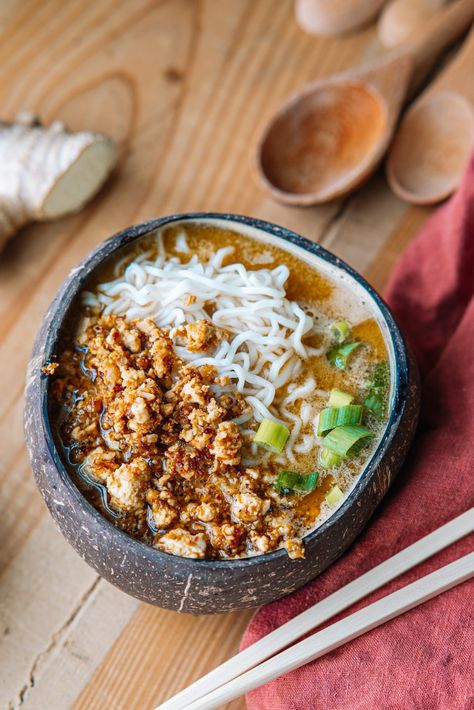 Vegan Tantanmen with Red Miso - Chef Kate F Vegan Aesthetic Food, Vegan Tantanmen, Coconut Ramen, Japanese Tofu, Asian Tofu, Japanese Noodle Dish, Japanese Vegan, Miso Recipe, Miso Broth