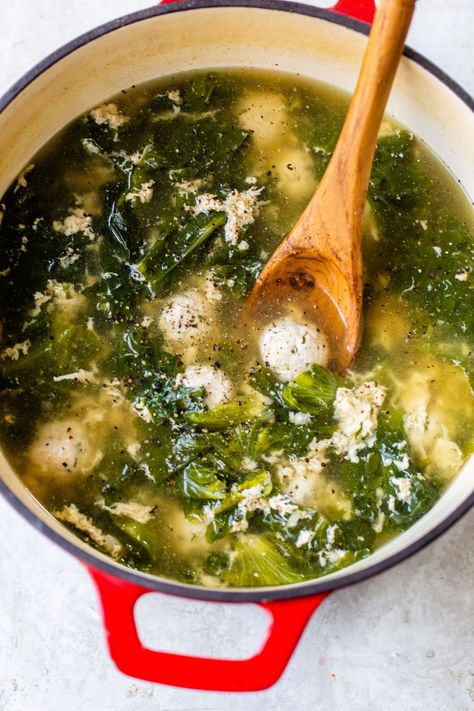 Italian Wedding Soup with Escarole Wedding Soup With Egg, Soup With Escarole, Escarole Soup, Ground Turkey Meatballs, Italian Wedding Soup Recipe, Wedding Soup, Dark Leafy Greens, Italian Soup, Best Soup Recipes