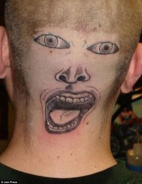 While most of the tattoos are hidden away in beneath clothing, this man's monstrosity is o... Worlds Worst Tattoos, Strange Tattoos, Tato Grunge, Tato Geisha, Dumbest Tattoos, Awful Tattoos, Tattoos Gone Wrong, Tato Geometris, Horrible Tattoos