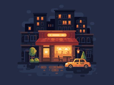 Night cafe by Ivan Dubovik - Dribbble Night Cafe, Night Street, Night Illustration, Vector Art Design, Illustration Art Design, Flat Design Illustration, Image 3d, City Illustration, Landscape Illustration