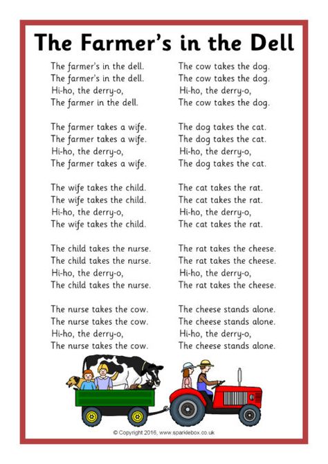 The Farmer’s in the Dell Song Sheet (SB11751) - SparkleBox Farmer Quote, Childhood Songs, The Farmer In The Dell, Farmer In The Dell, Farm Songs, Nursery Rhymes Poems, Preschool Farm, Rhymes Lyrics, Nursery Rhymes Lyrics