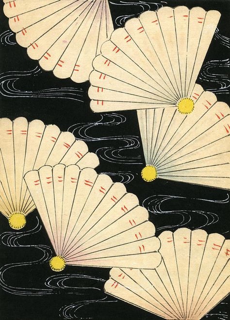 Woodblock Painting - Vintage Japanese Woodblock Print Of White Fans On A Black Background by Japanese School Hypmic Sasara, Japanese Art Deco, Japanese Block Print, Embroidery Kimono, Butterfly Prints, Fan Tattoo, Traditional Japanese Kimono, Wallpaper Book, Japanese Waves