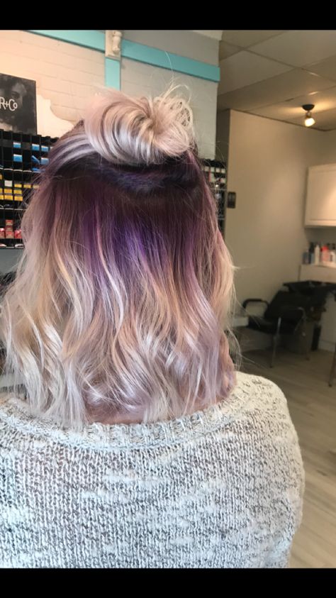 Ashy Blonde With Purple, Purple And Blonde Ombre Hair, Plum Blonde Balayage, Blond Hair With Highlights Short, Grey Purple Blonde Hair, Purple And Blonde Balayage, Purple And Blonde Short Hair, Platinum Blonde Hair With Purple Streaks, Blonde Balayage With Purple Peekaboos