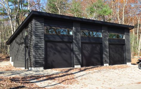 Single Slope Garage, Seperate Garage Ideas, Single Slope Metal Building, Mechanic Garage Ideas, Black Metal Garage, Home With Garage, Pole Building Garage, Garage Shop Plans, Metal Garage Buildings